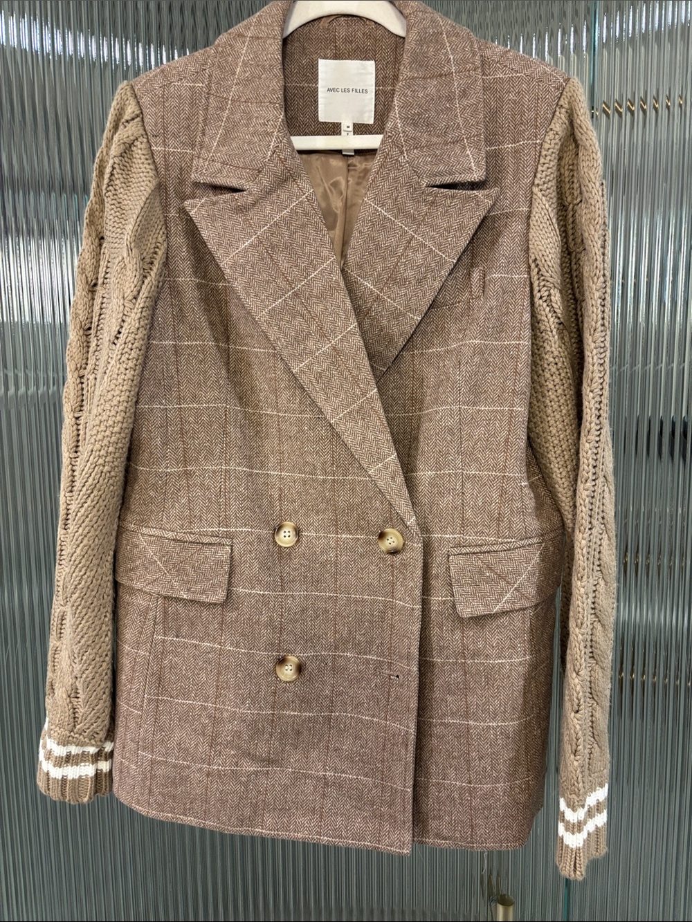 Avec Les Filles brown windowpane blazer with cable-knit tan sleeves